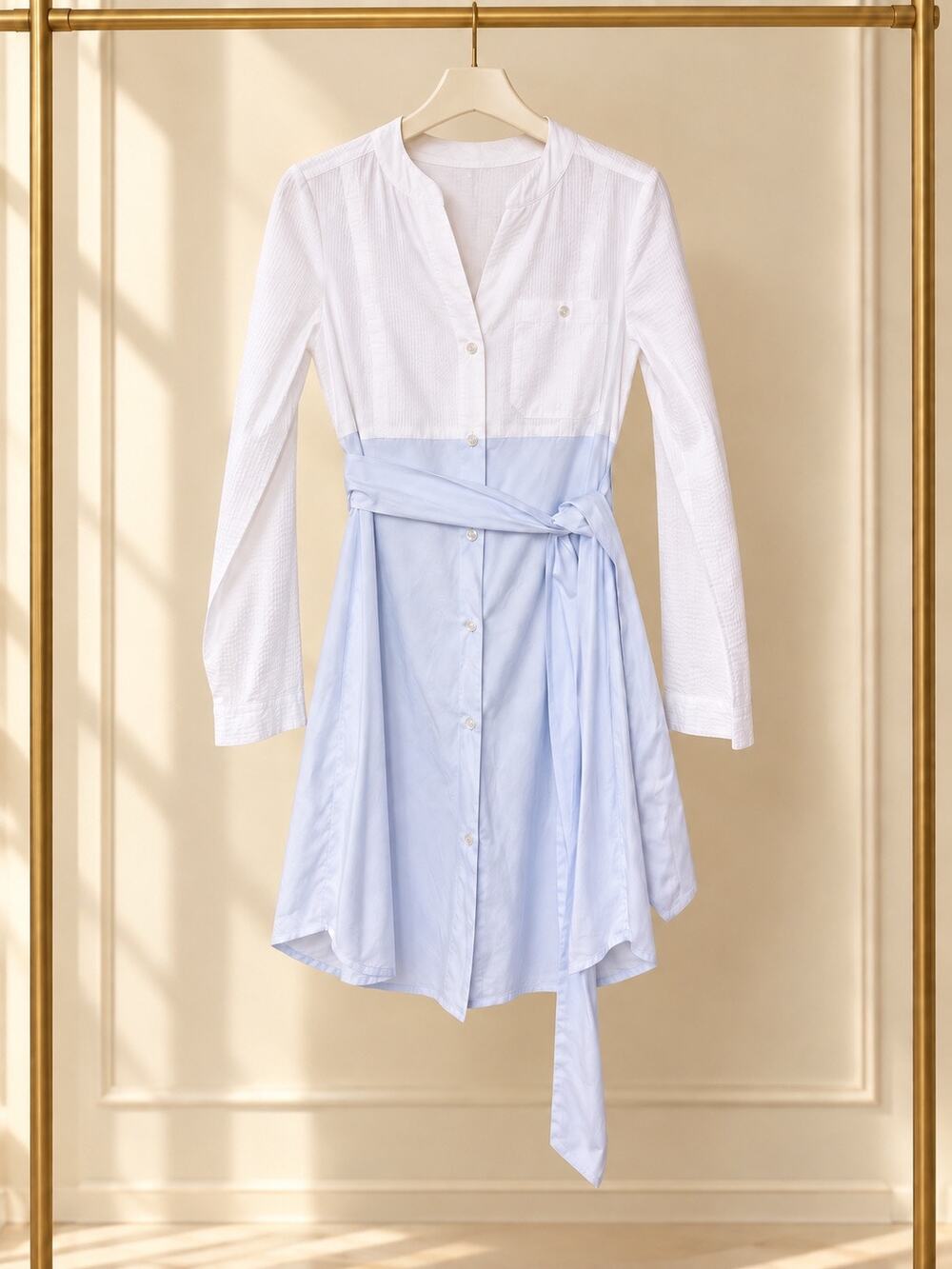 Lauren James Madeline Blue White Seersucker Stripe Tie Waist Shirt Dress Size M